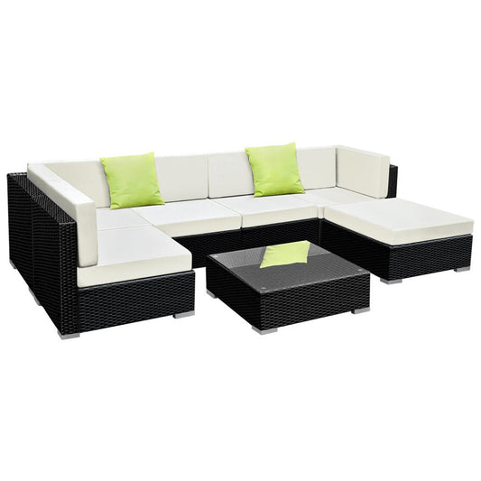 Outdoor Lounge | 6 Seat | Modular Outdoor Sofa Setting | Includes Coffee Table and Storage Cover | Black and Beige