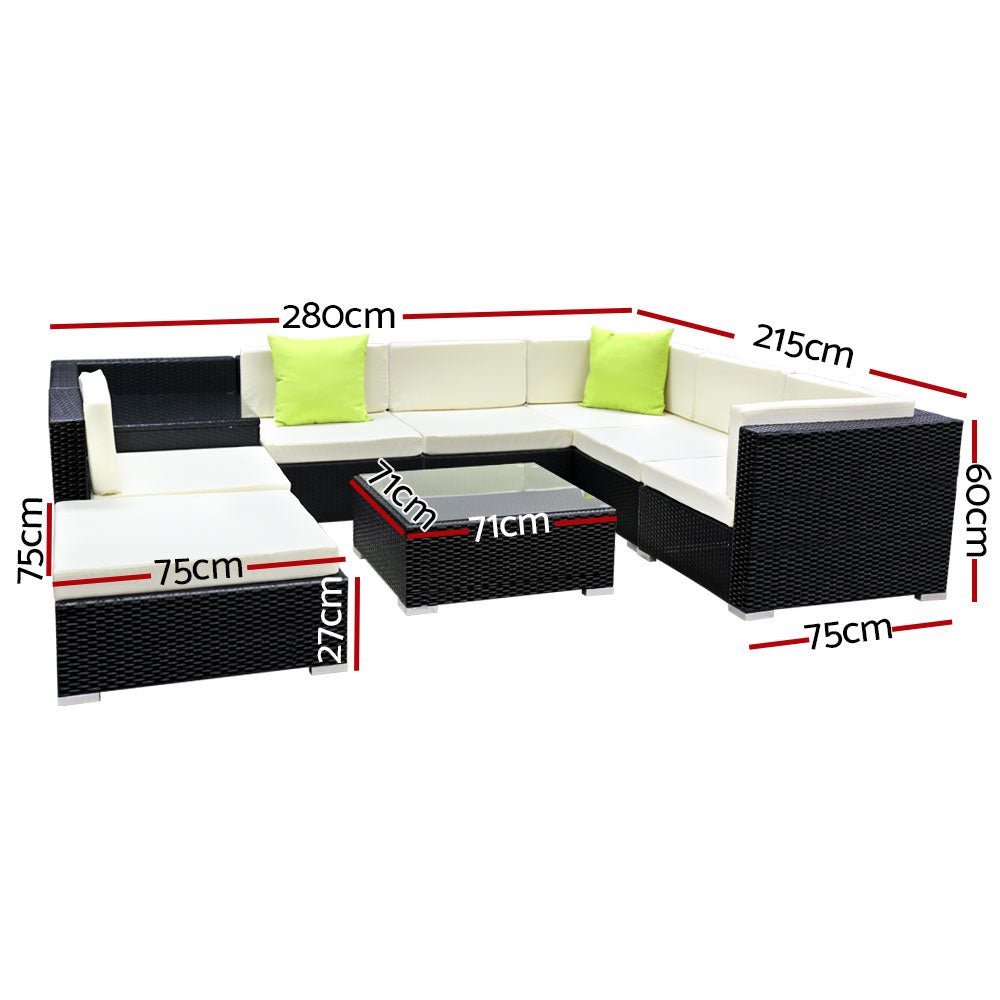Outdoor Lounge | 7 Seat | Modular Outdoor Sofa Setting | Includes Corner Table, Coffee Table and Storage Cover | Black and Beige