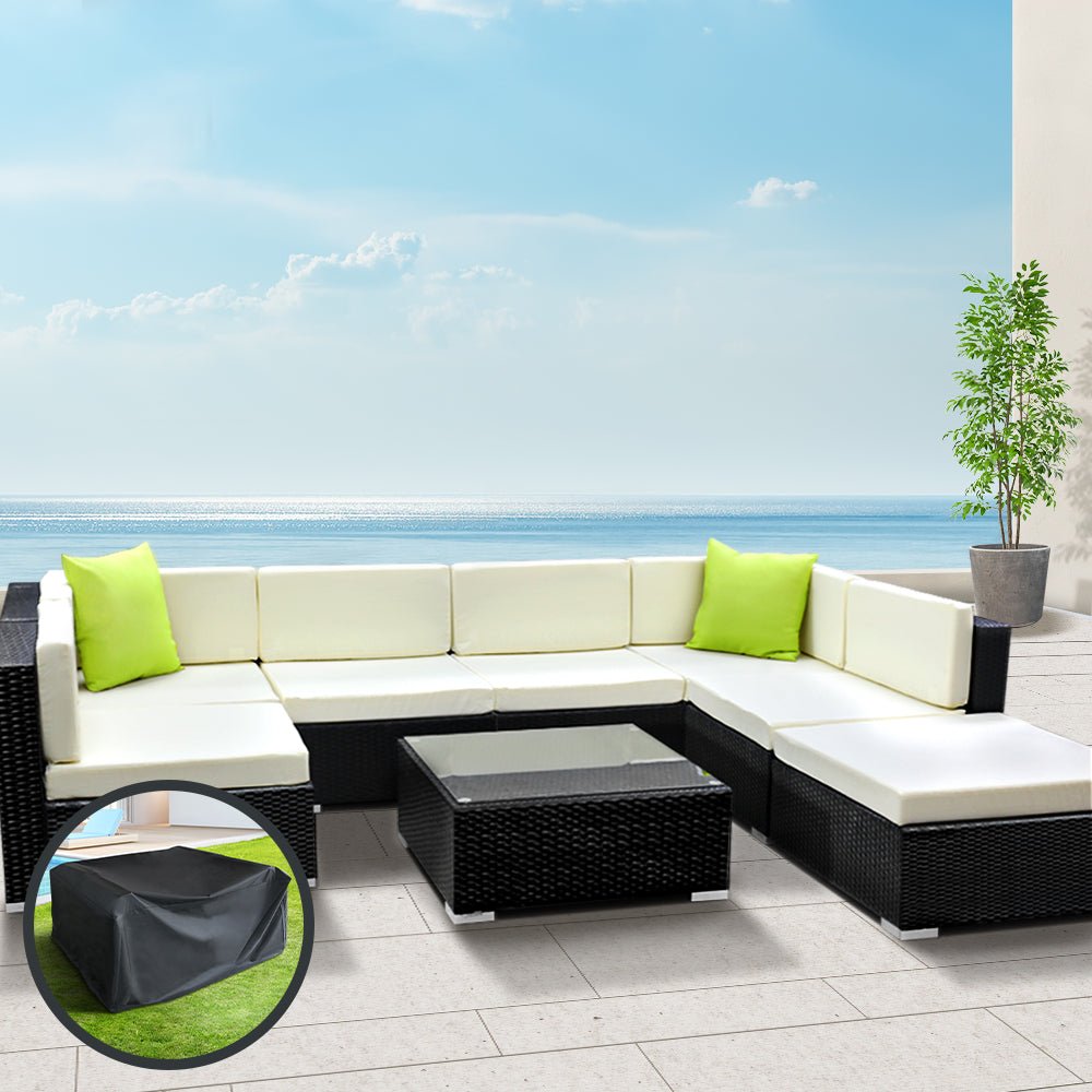 Outdoor Lounge | 7 Seat | Modular Outdoor Sofa Setting | Includes Coffee Table and Storage Cover | Black and Beige