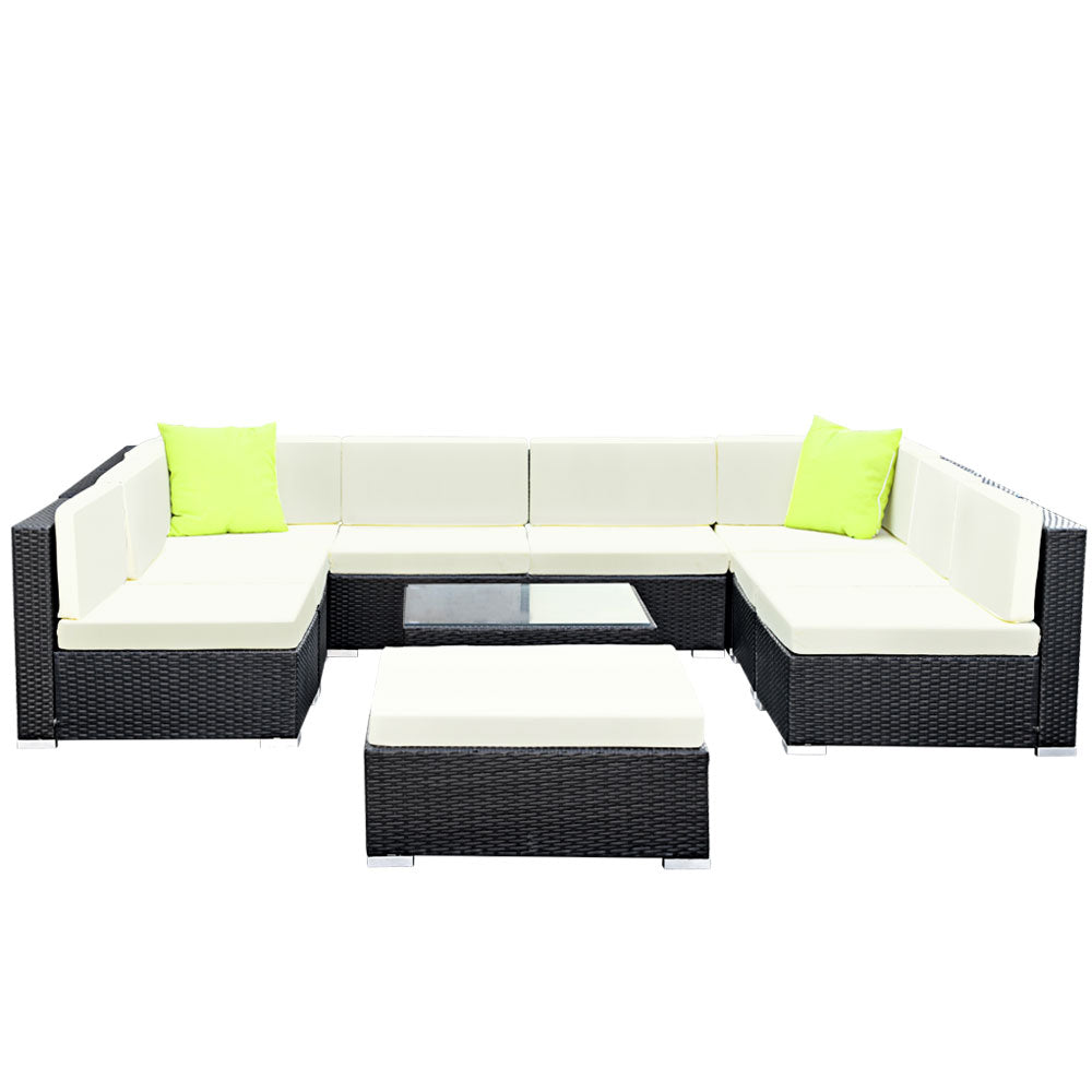 Outdoor Lounge | 9 Seat | Modular Outdoor Sofa Setting | Includes Coffee Table and Storage Cover | Black and Beige