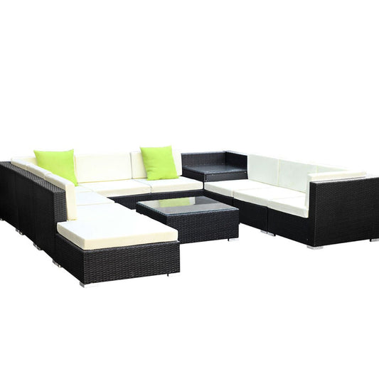Outdoor Lounge | 9 Seat | Modular Outdoor Sofa Setting | Includes Corner Table, Coffee Table and Storage Cover | Black and Beige