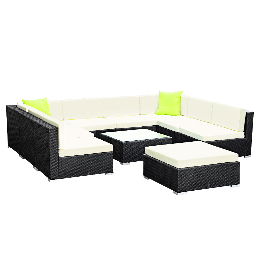 Outdoor Lounge | 9 Seat | Modular Outdoor Sofa Setting | Includes Coffee Table and Storage Cover | Black and Beige