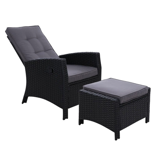 Outdoor Recliner Chair and Ottoman Set Wicker Reclining Cushions Black