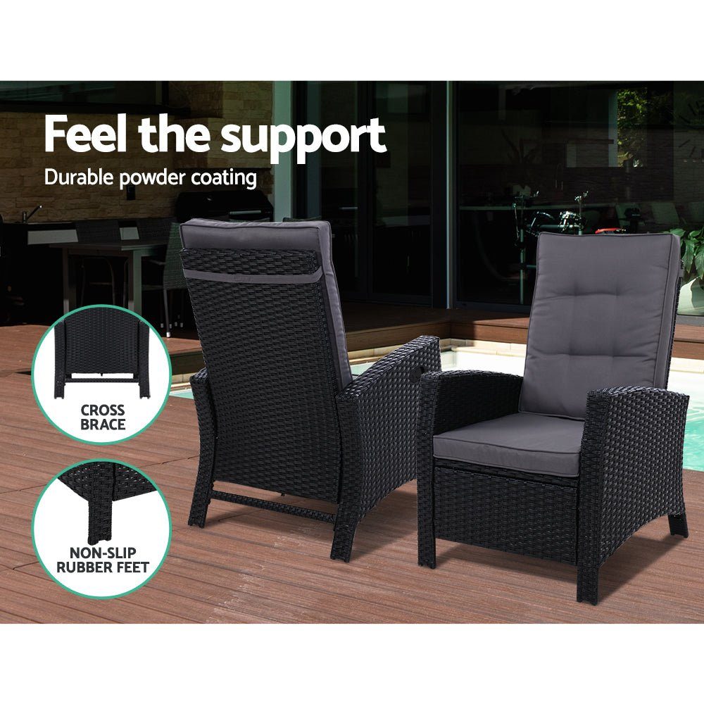 Outdoor Recliner Chair and Ottoman Set Wicker Reclining Cushions Black