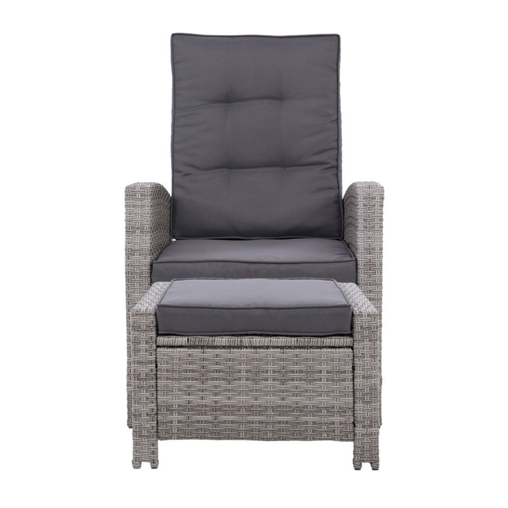 Outdoor Recliner Chair and Ottoman Set Wicker Reclining Cushions Grey