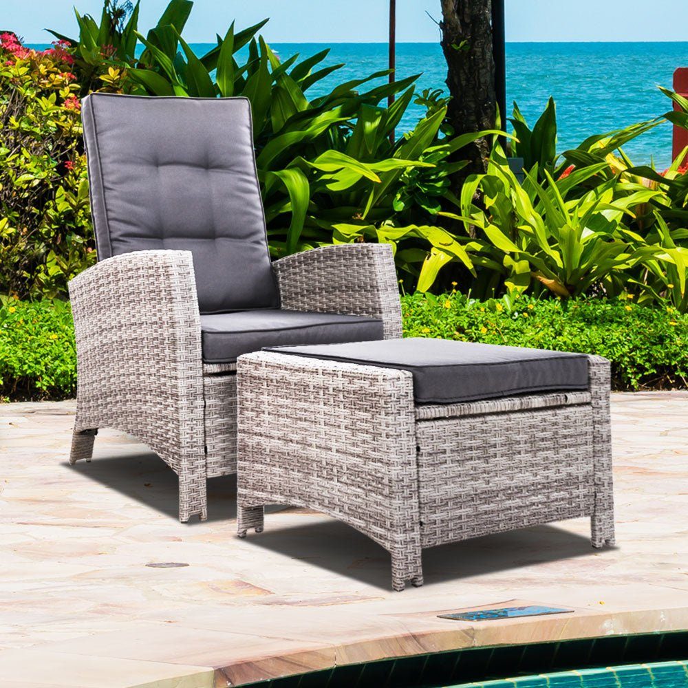 Outdoor Recliner Chair and Ottoman Set Wicker Reclining Cushions Grey