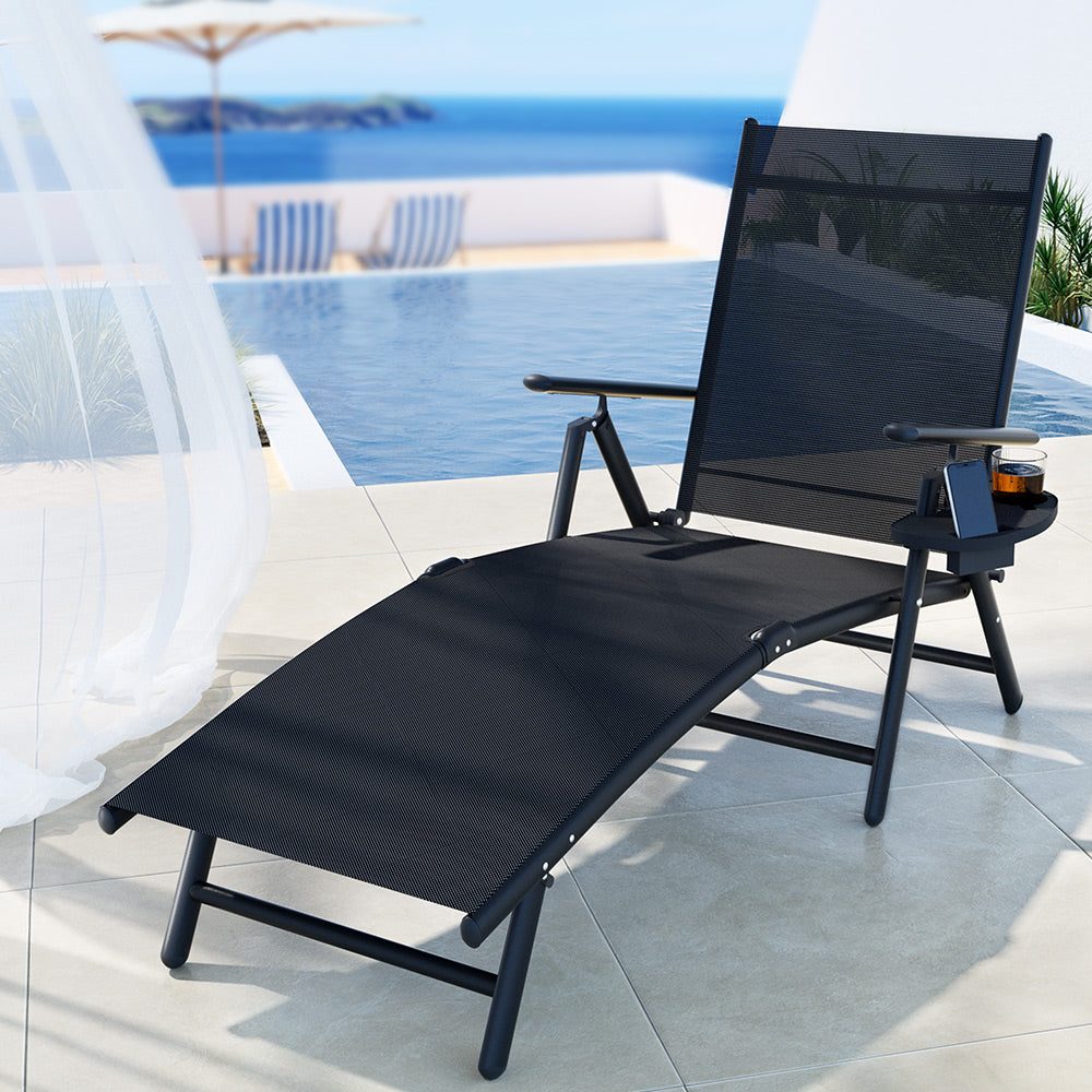 Outdoor Recliner Sun Lounge Lightweight Lounger Foldable Chair Black
