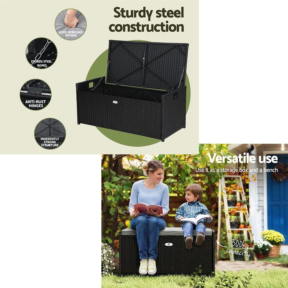 Outdoor Storage Box Bench Seat Wicker Cushion Chair - Black