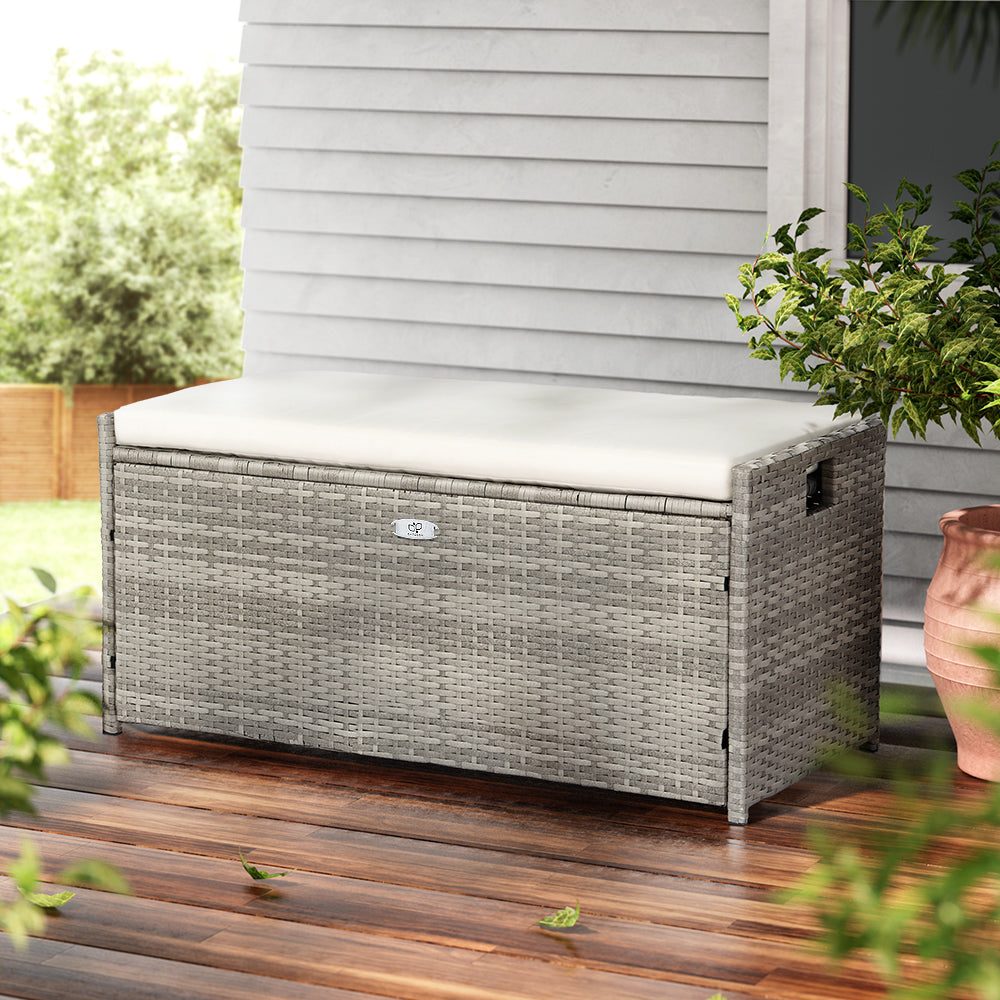 Outdoor Storage Box Bench Seat Wicker Cushion Chair - Grey