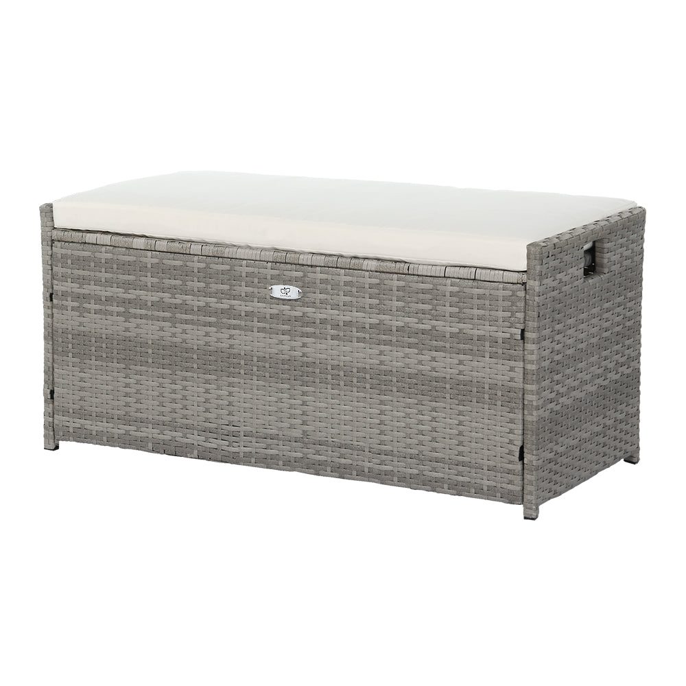 Outdoor Storage Box Bench Seat Wicker Cushion Chair - Grey