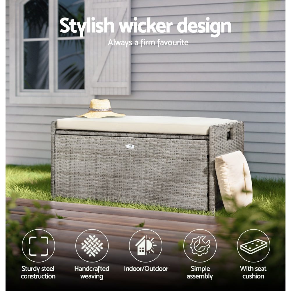 Outdoor Storage Box Bench Seat Wicker Cushion Chair - Grey