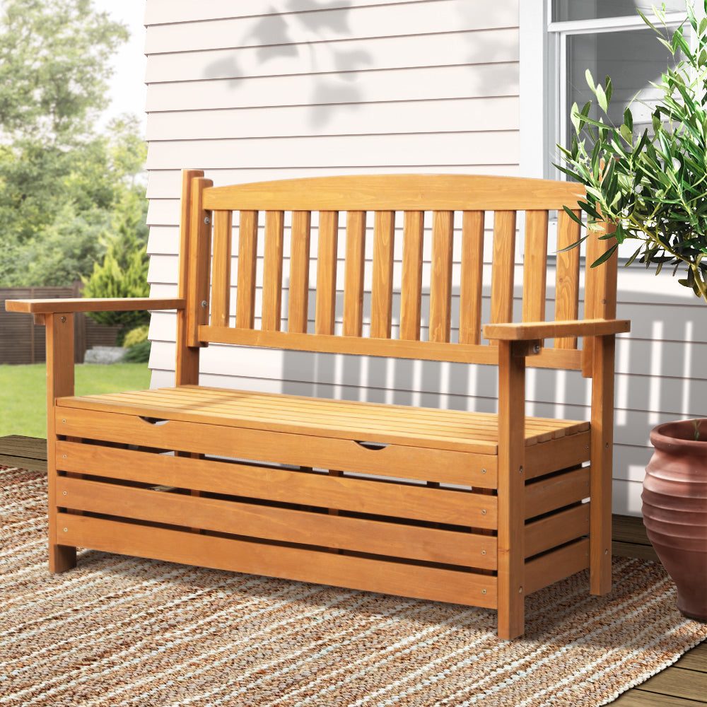 Outdoor Storage Box Bench Seat Wooden Chair 2 Seat Fir Wood Natural