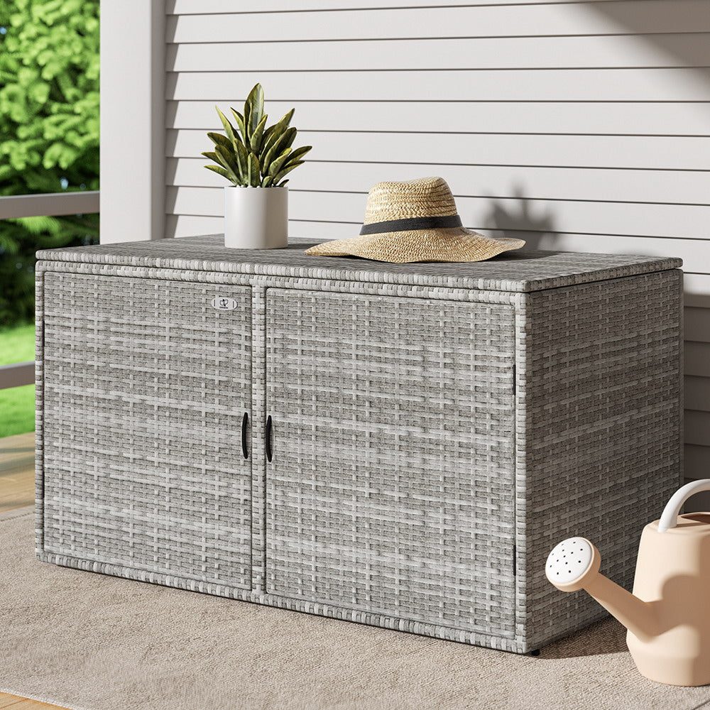 Outdoor Storage Box Cabinet Front and Top Entry Chest Wicker Grey