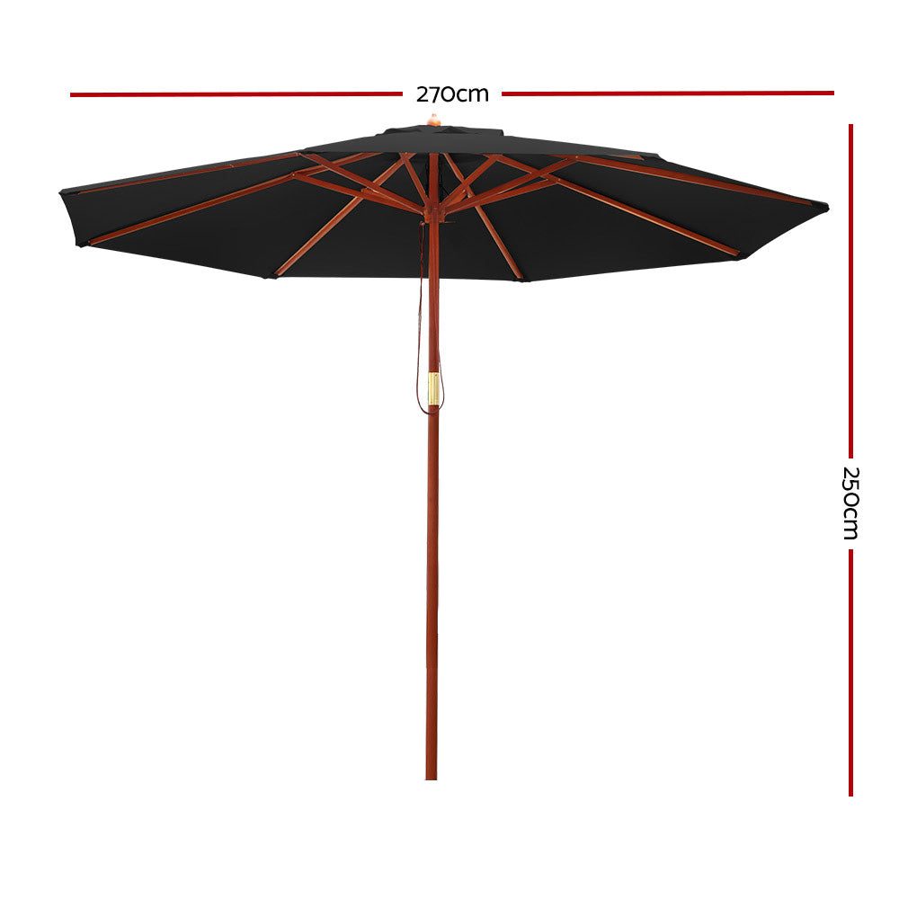 Outdoor Umbrella 2.7M Patio with wooden pole and Black canopy Outdoor