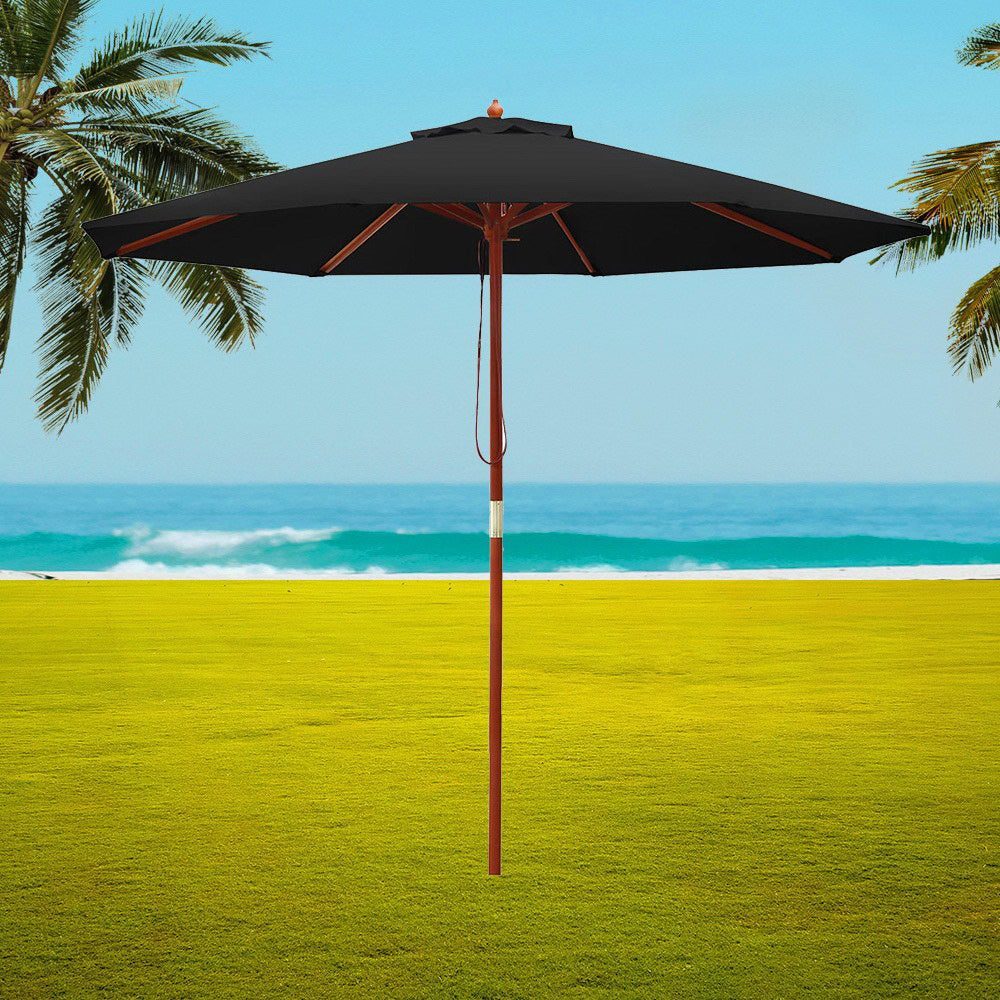 Outdoor Umbrella 2.7M Patio with wooden pole and Black canopy Outdoor