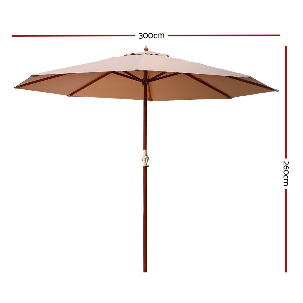 Outdoor Umbrella 3M Patio with wooden pole and Beige canopy Outdoor