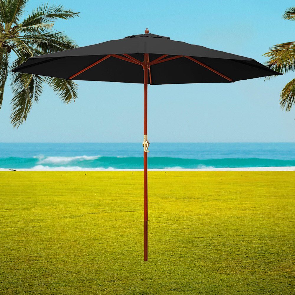 Outdoor Umbrella 3M Patio with wooden pole and Black canopy