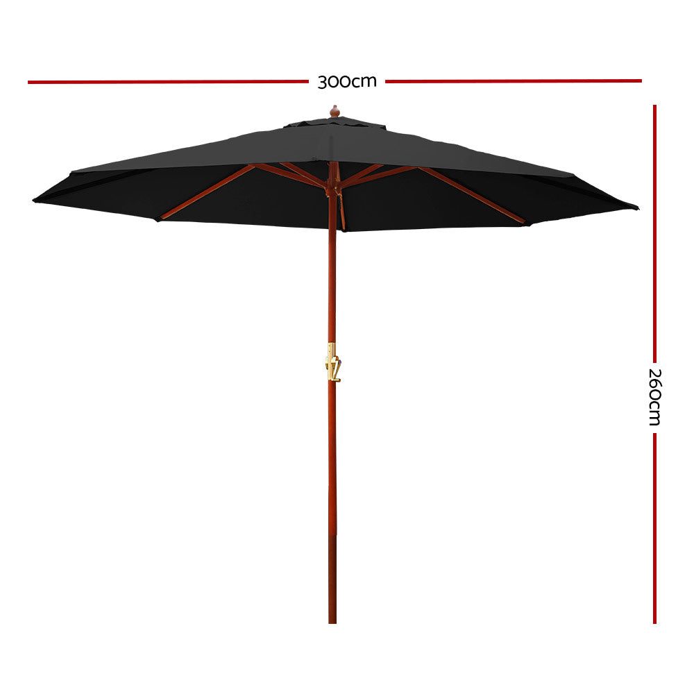 Outdoor Umbrella 3M Patio with wooden pole and Black canopy