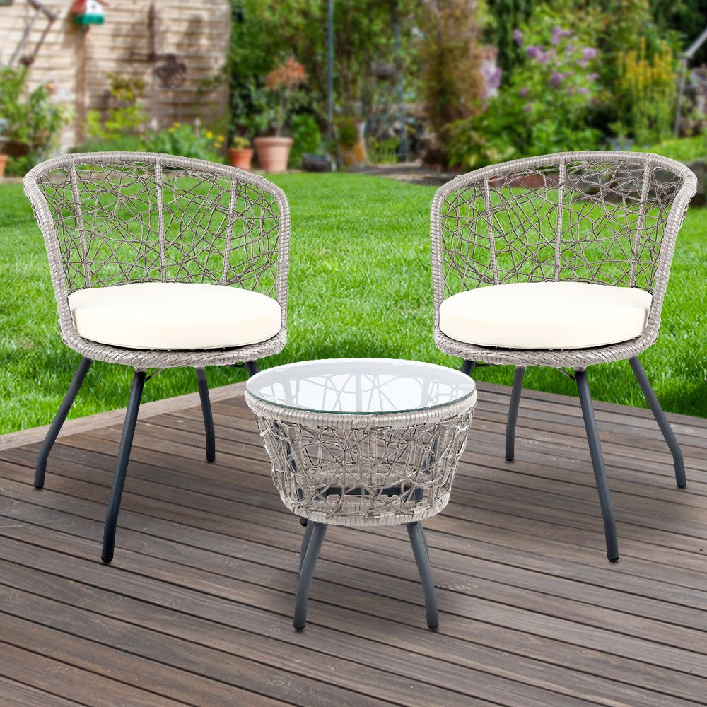 Patio Set 3PC Outdoor Furniture Table Chairs Garden Chat Set Grey