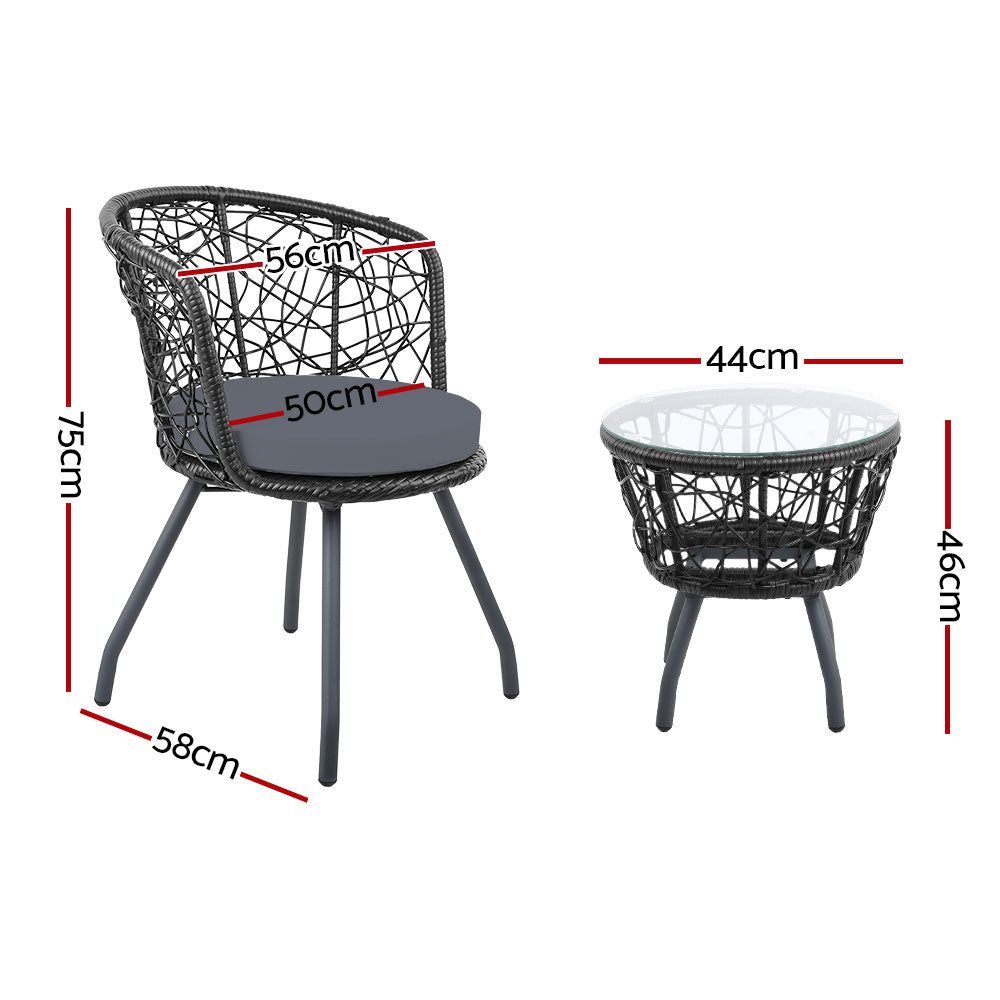 Patio Set 3PC Outdoor Furniture Chairs and Table Garden Chat Set Black