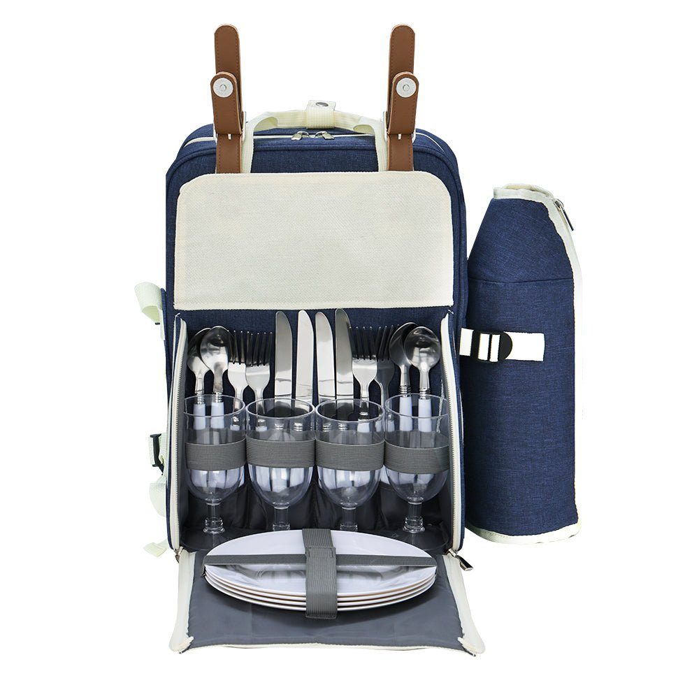 Picnic Basket Backpack Set Cooler Bag 4 Person Blue