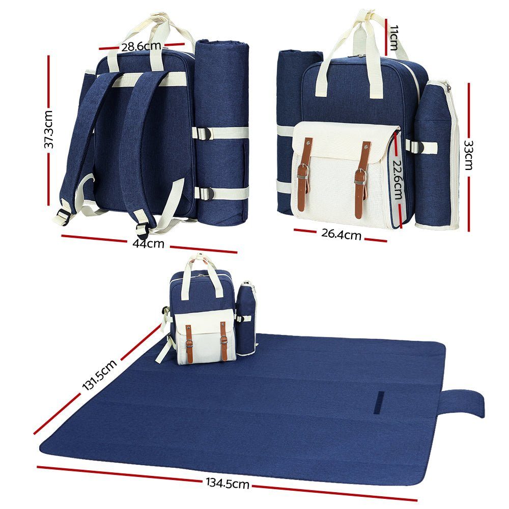 Picnic Basket Backpack Set Cooler Bag 4 Person Blue