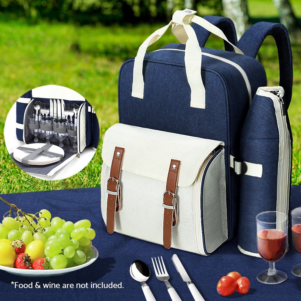 Picnic Basket Backpack Set Cooler Bag 4 Person Blue