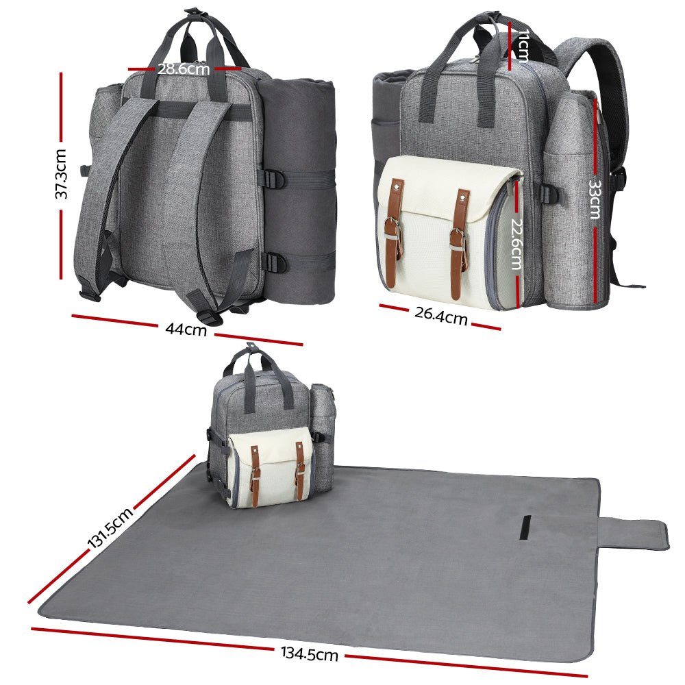 Picnic Basket Backpack Set Cooler Bag 4 Person Grey