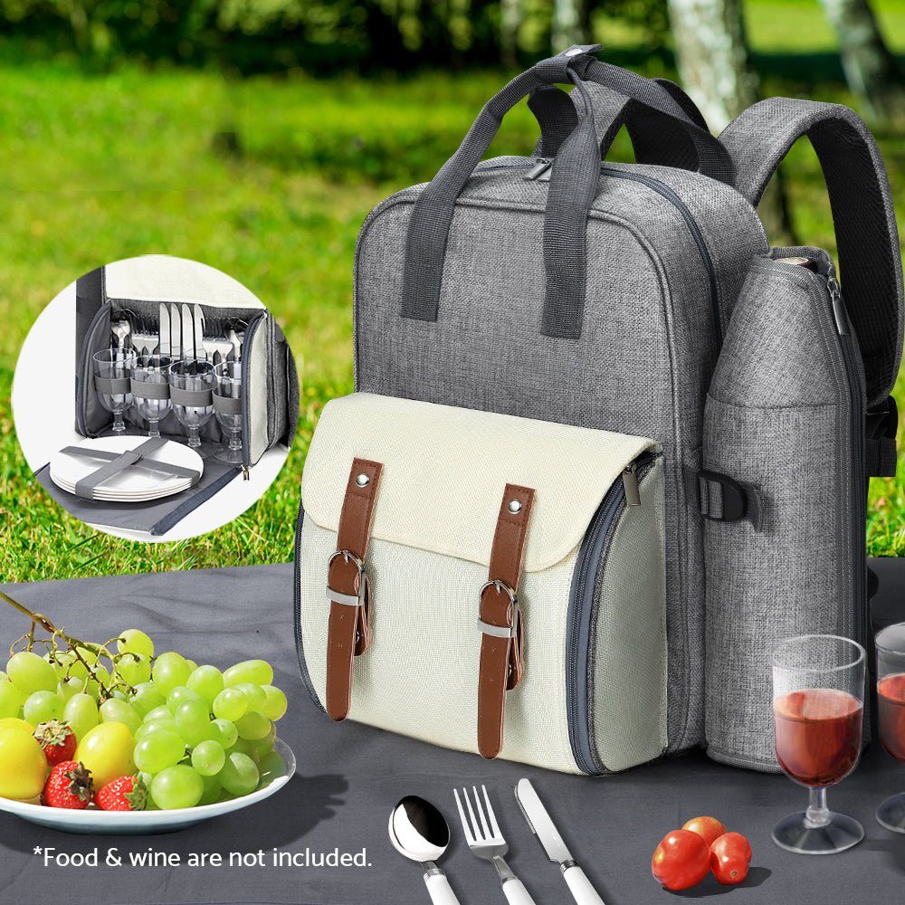 Picnic Basket Backpack Set Cooler Bag 4 Person Grey