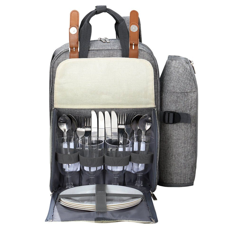 Picnic Basket Backpack Set Cooler Bag 4 Person Grey