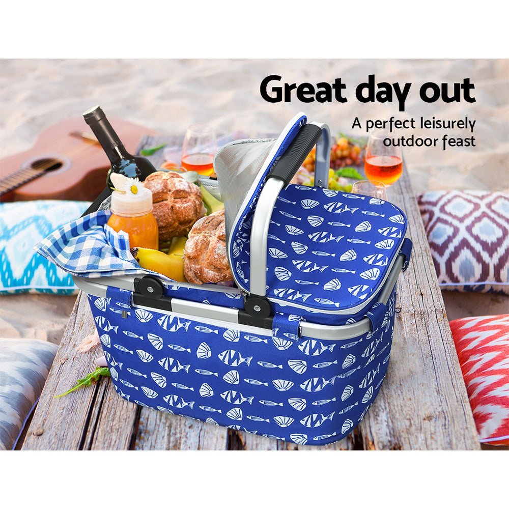 Picnic Basket Insulated Folding Bag Hamper Food - Ocean Blue
