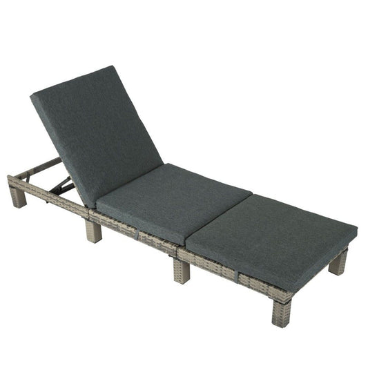 Sun Lounger Rattan Sunbed Thick Cushion Adjustable Recline - Grey