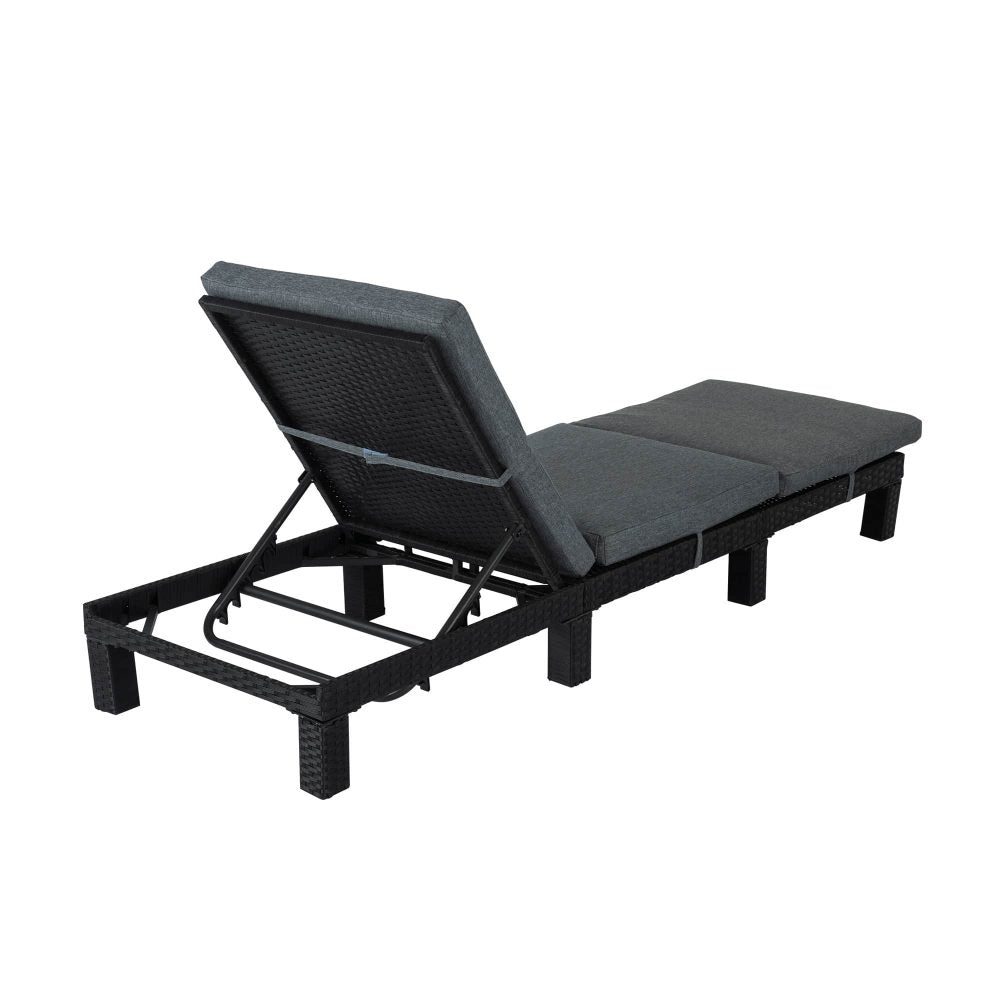 Sun Lounger Rattan Sunbed Thick Cushion Adjustable Recline - Black